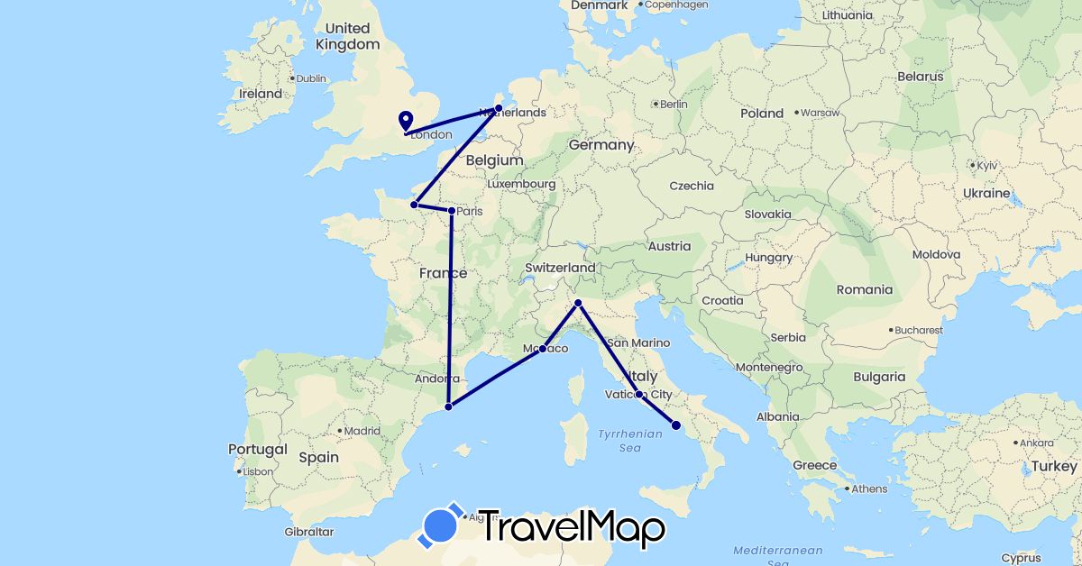 TravelMap itinerary: driving in Spain, France, United Kingdom, Italy, Netherlands (Europe)