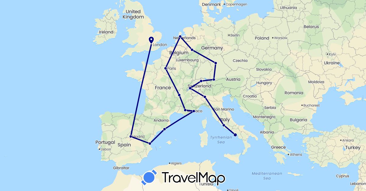 TravelMap itinerary: driving in Switzerland, Germany, Spain, France, United Kingdom, Italy, Netherlands (Europe)